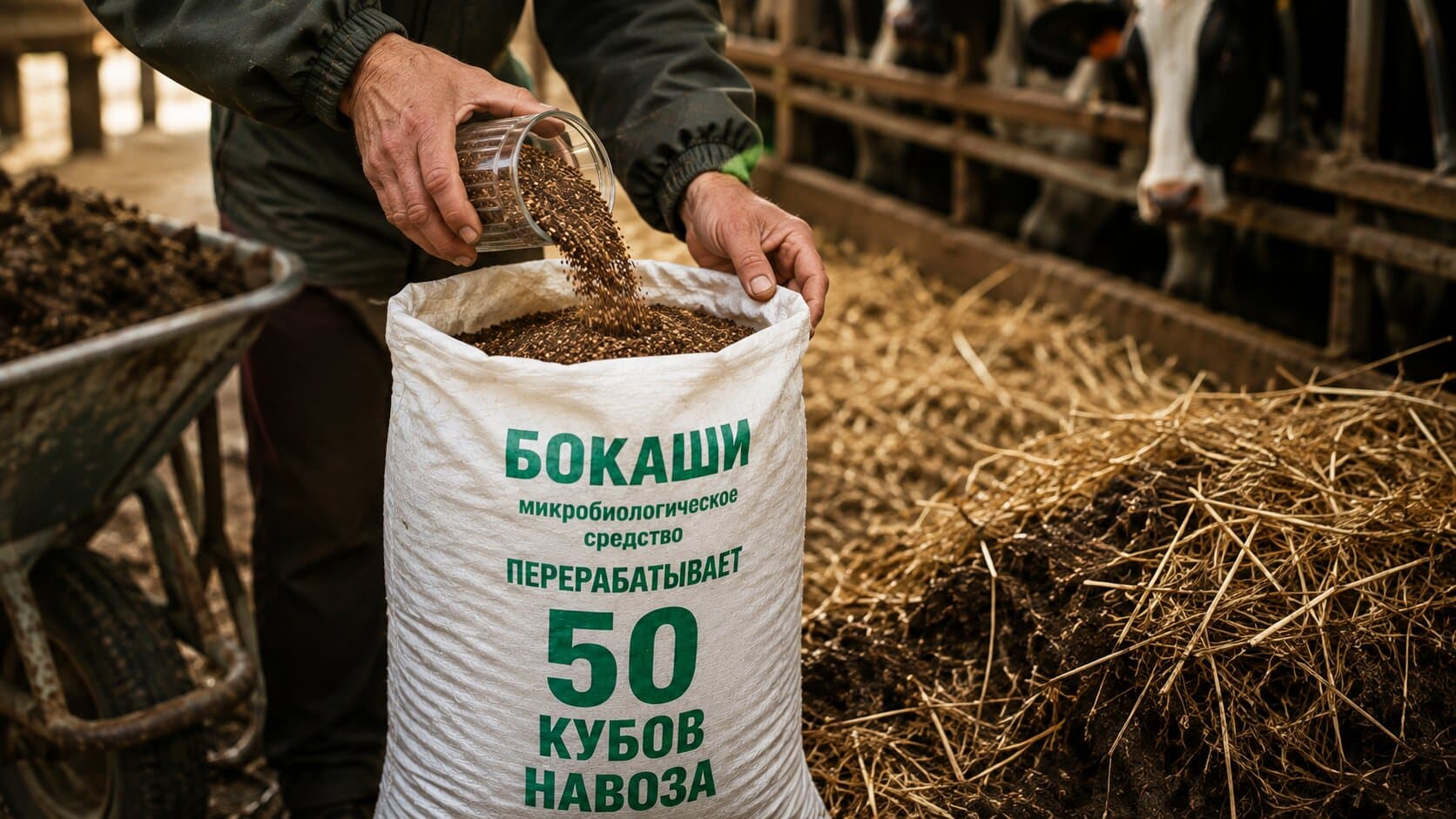 Внесение бокаши в навоз и подстилку